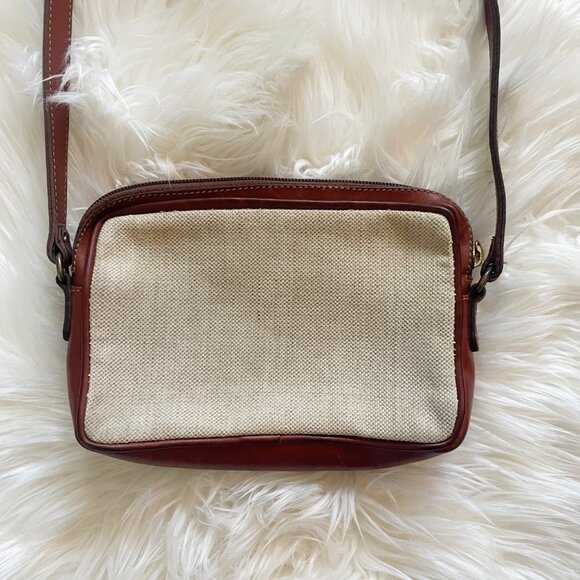 VTG Roots Red Brown Leather Cream Woven Canvas Crossbody Purse Bag - Picture 6 of 9